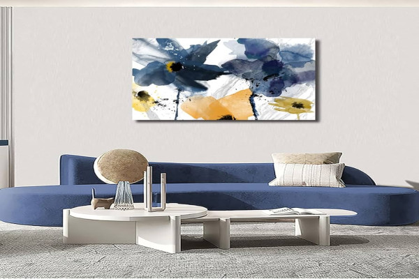 Abstract Wall Art - Navy Blue Canvas Wall Art Painting on White Background - Watercolour Floral Prints Pictures for Living Room Bedroom Kitchen Ready