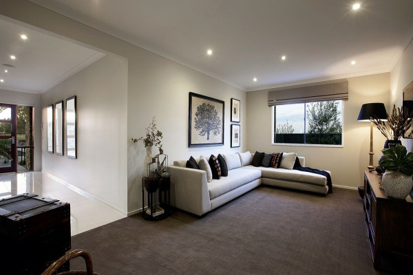 Another lounge with brown carpet and cream/white walls Brown