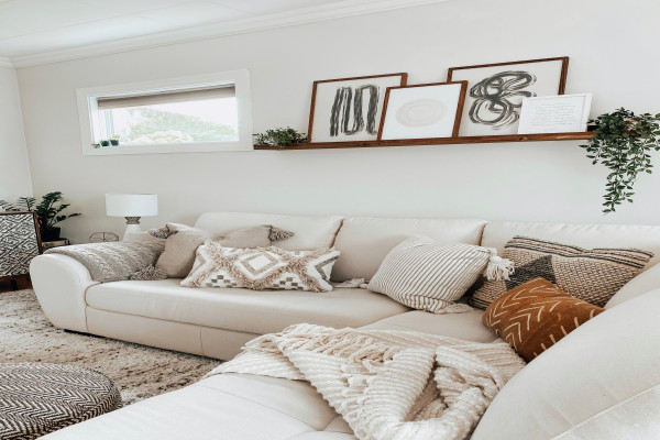 ART LEDGE ABOVE COUCH Beige couch living room, White couch