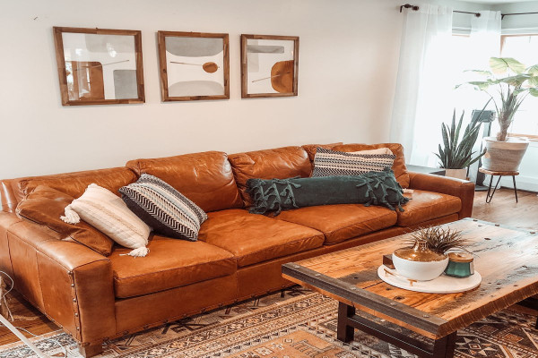 Burnt Orange Living Room Decor with Leather Couches