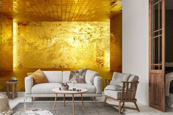 Dark tiles blank room and golden wall interior glossy and lighting backdrop d rendering