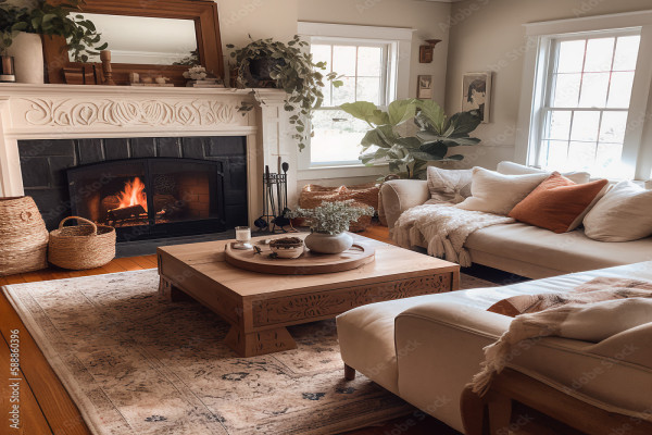 Editorial Style photo Eye-level Bohemian Living Room Fireplace