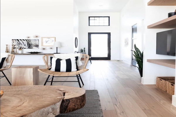 Elegant Black and White Interior Design with Wood and Gold Accents