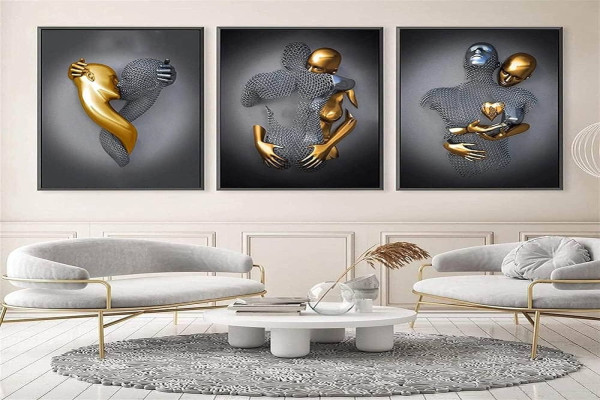 ENODS Pieces Love Heart D Effect Wall Art, HD Print Canvas Painting Core, Abstract Metal Figure Sculpture Canvas with DIY Frame, Couple Hanging