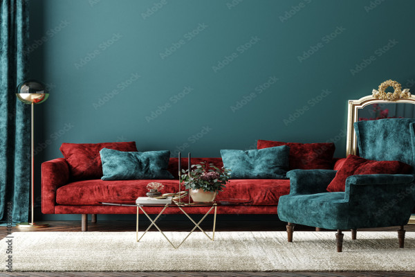 Home interior mock-up with red sofa, table and decor in green