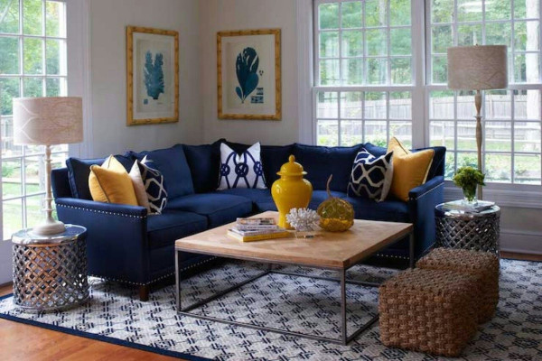 Image result for gray navy yellow living room Blue living room