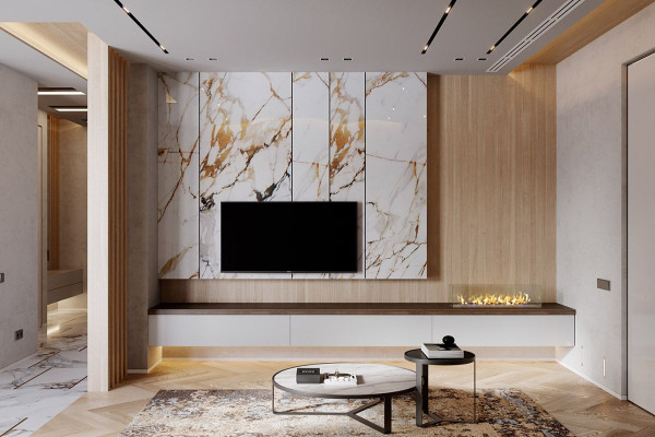 Interior Design Using Marble And Wood Combinations for TV Wall Decor