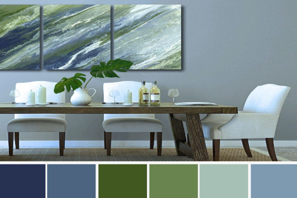 Navy Olive Abstract Wall Art, Large Piece Canvas Print Set, Blue