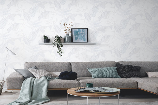 Non-woven wallpaper Elle leaf pattern white grey -