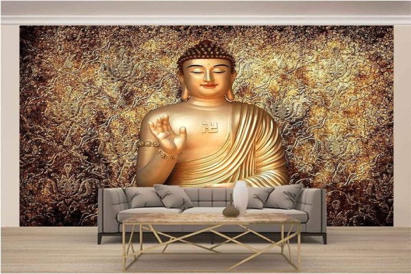 Photo Wallpaper D Effect Golden Buddha Statue Buddha Wallpaper D Effect Non-Woven Wallpaper Living Room Bedroom Wall Decoration