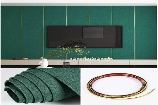 Self-Adhesive Wall Panel, Linen Wall Cladding, Bedroom, Living Room Wall Decoration, Length cm, Width cm, With Golden Decorative Strip (Color :