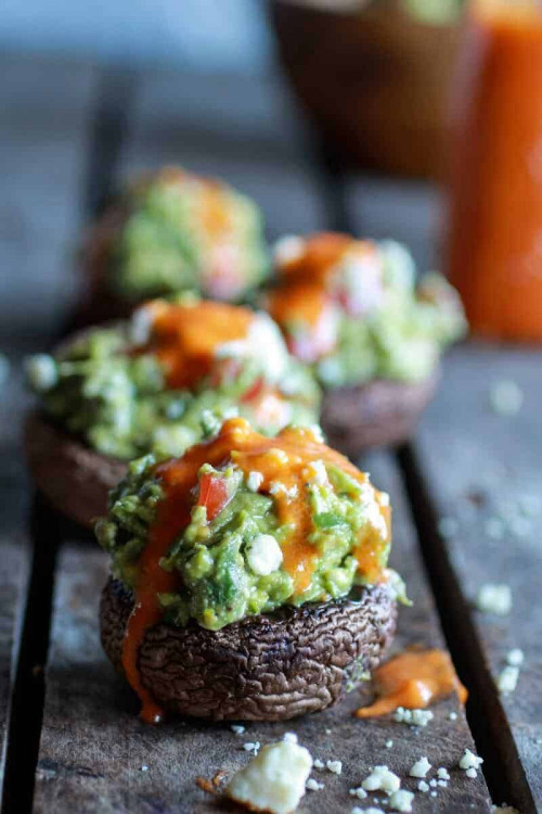 Blue Cheese Guacamole Stuffed Mushrooms with Buffalo Sauce - Half