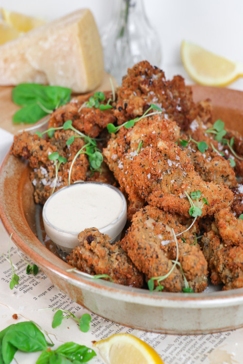 Crispy Mushroom Fries with Lemon Tahini Dipping Sauce