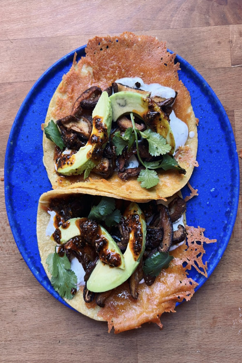 Crispy Mushroom Tacos with Salsa Macha and Garlic Crema - Molly Baz