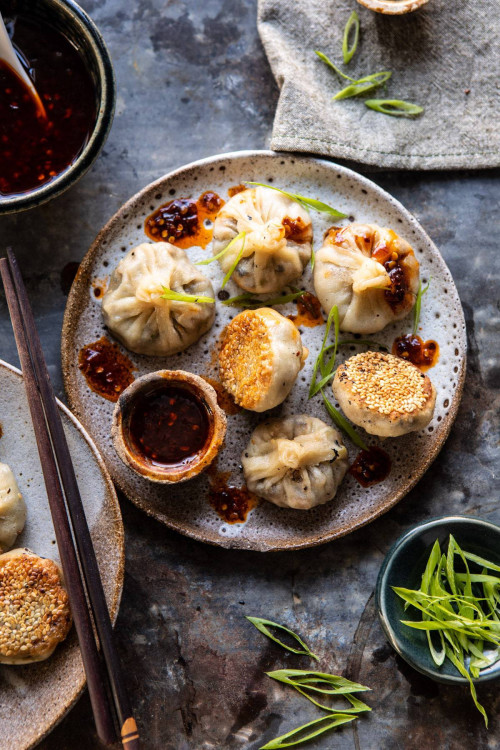 Chinese Mushroom Dumplings with Sweet Chili Ginger Sesame Sauce.